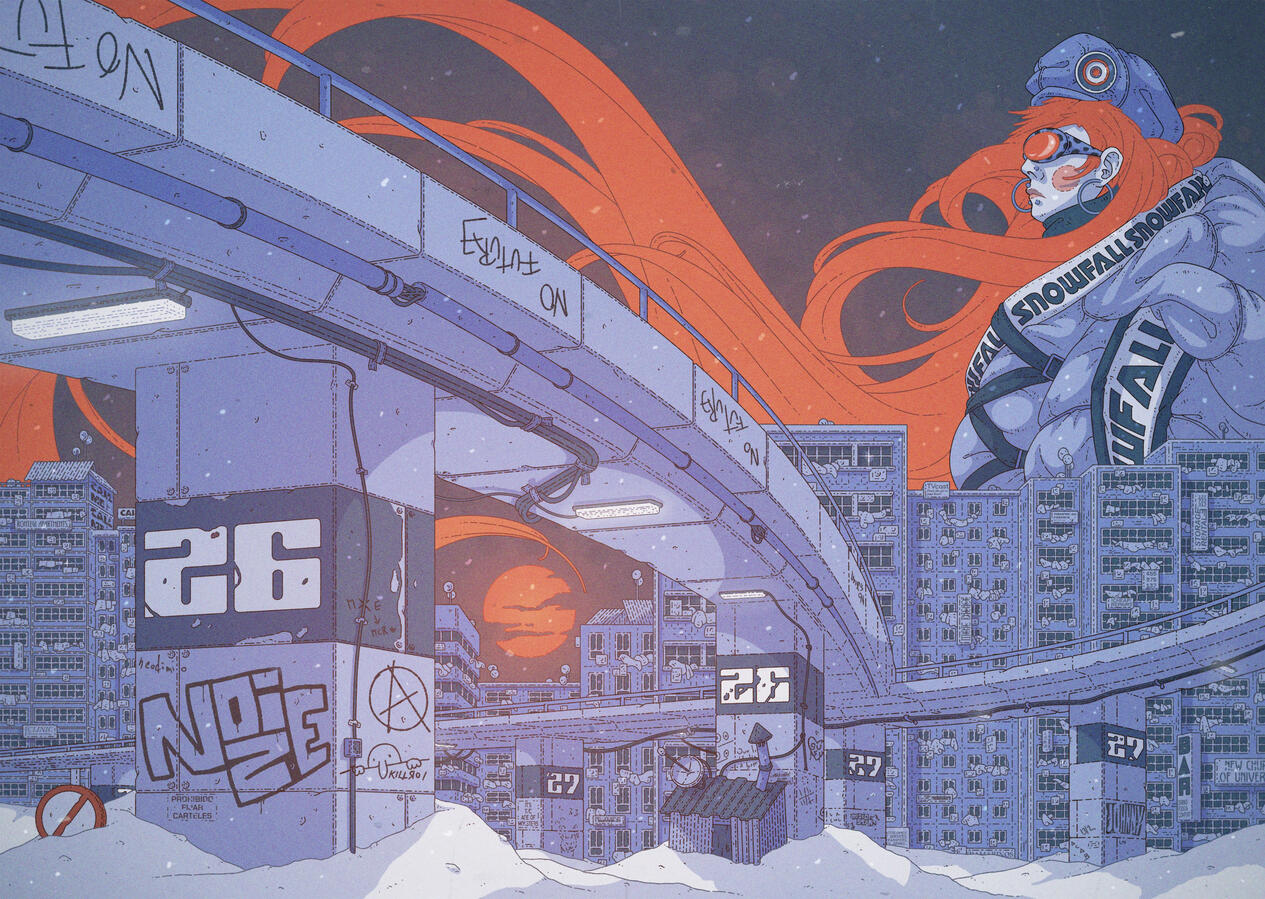 Color illustration, in blue and red tones. It shows a snow-covered city and a woman standing enormous behind the skyline, her flowing red hair the same color as the sunrise.