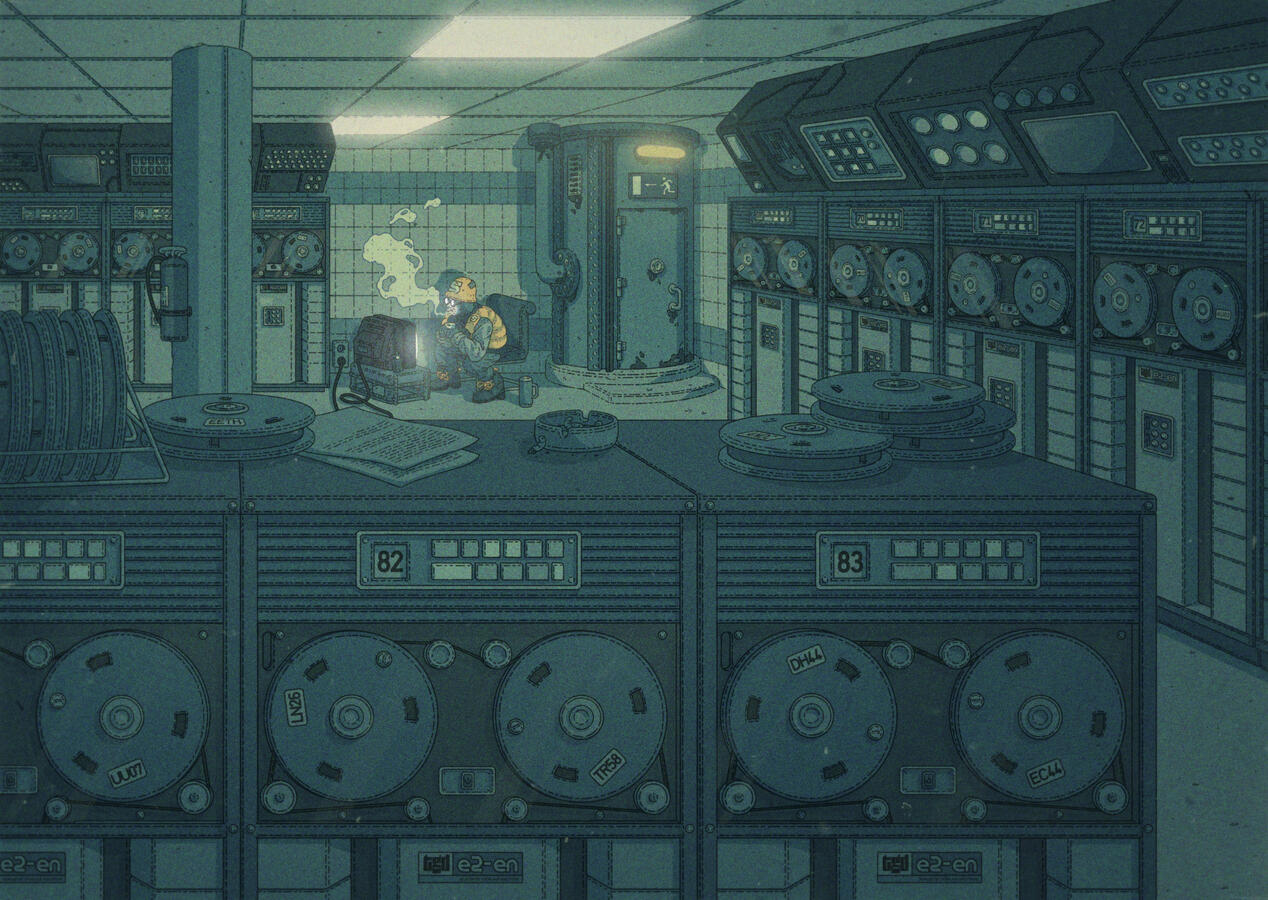 Illustration of a some kind of retro-futuristic data center, bathed in green light. At the back, a security guard tries to keep the cold away while watching an old TV.