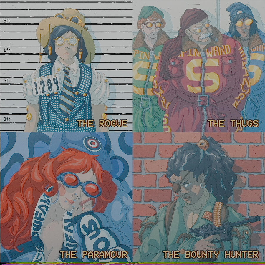Collage, with a VHS vibe to it, of four attractively dangerous lowlifes. Collage, with a VHS vibe to it, of four attractively dangerous lowlifes.