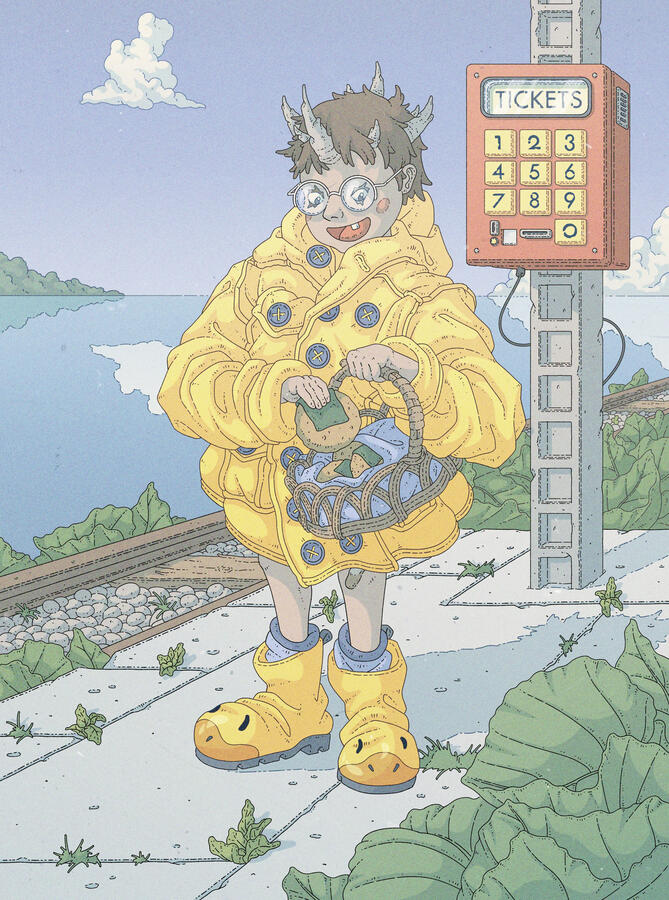 Color illustration of a cute monster-child waiting on a train station near the sea, about to eat a senbei rice cracker.