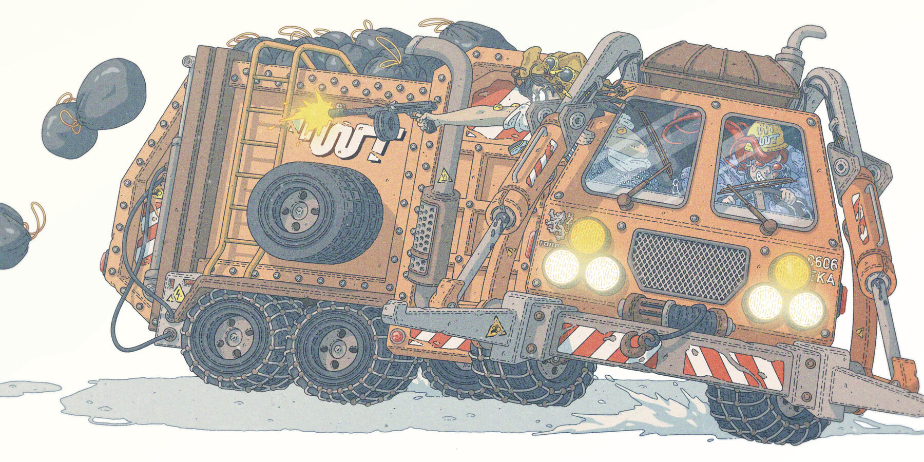 Color illustration of two women, one driving and the other shooting through the window, recklessly running away on a garbage truck. Color illustration of two women, one driving and the other shooting through the window, recklessly running away on a garbage truck.