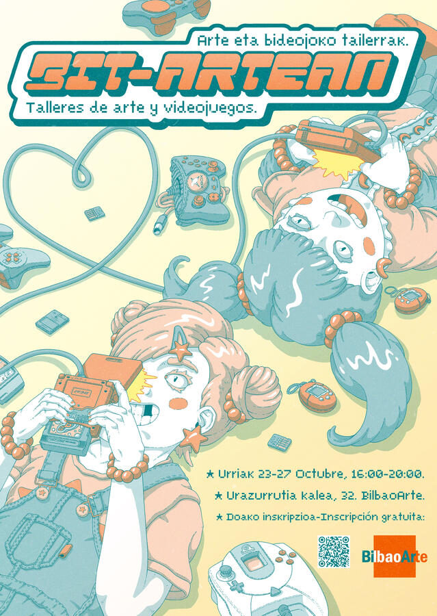 Poster in orange, yellow and turquoise tones. It contains information about the event, a logo in Y2K style and an illustration. The illustration consists of two children lying on the floor playing with Game Boys. The consoles are connected by a cable.