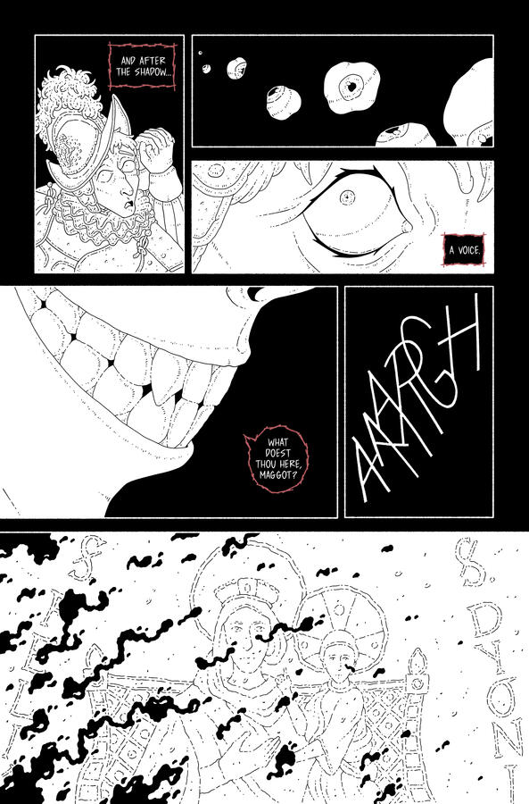 Comic page, showing the guard being killed by the presence, which turns to be the devil.