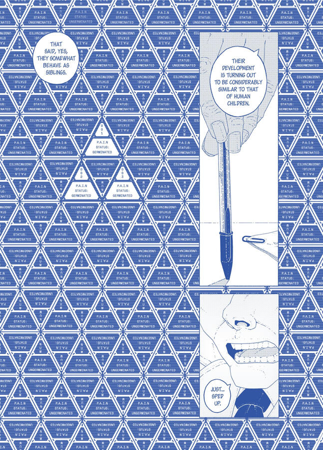 Comic page, done in blue ink. Most of the page shows a screen full of triangles, all of them except three indicate that the AI they refer to is deactivated. A hand holding a BIC pen and a closeup of a face are also shown.