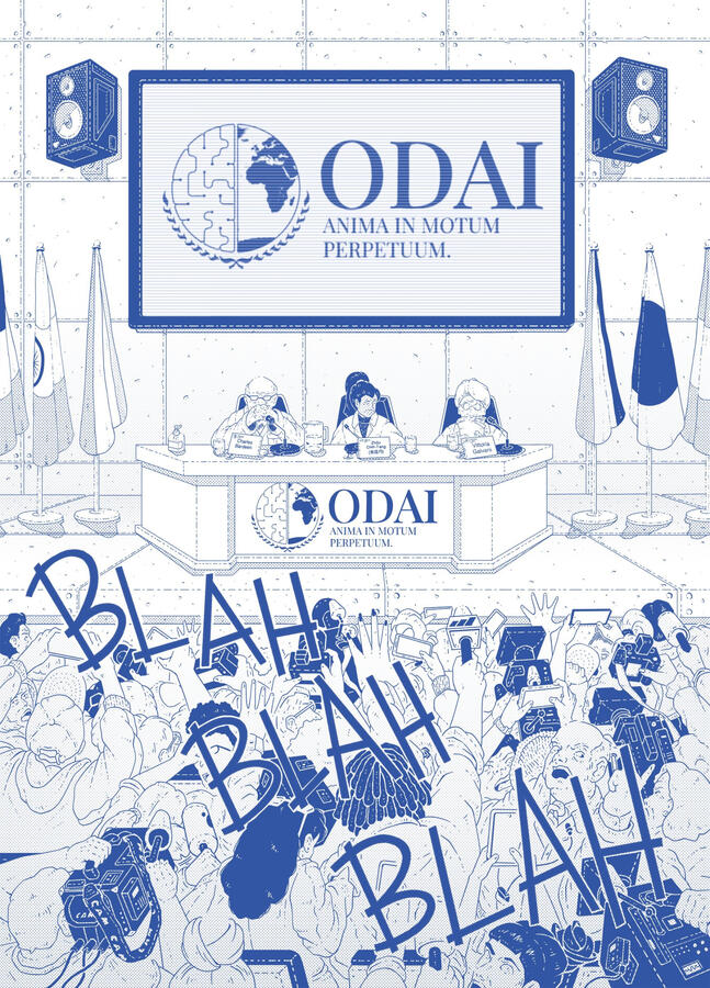 Comic splash page, done in blue ink, showing a conference room full of excited reporters trying to interview three scientists sitting behind a table. Above the scientists, a big screen displays a logo which says: "ODAI, anima in motuum perpetuum."