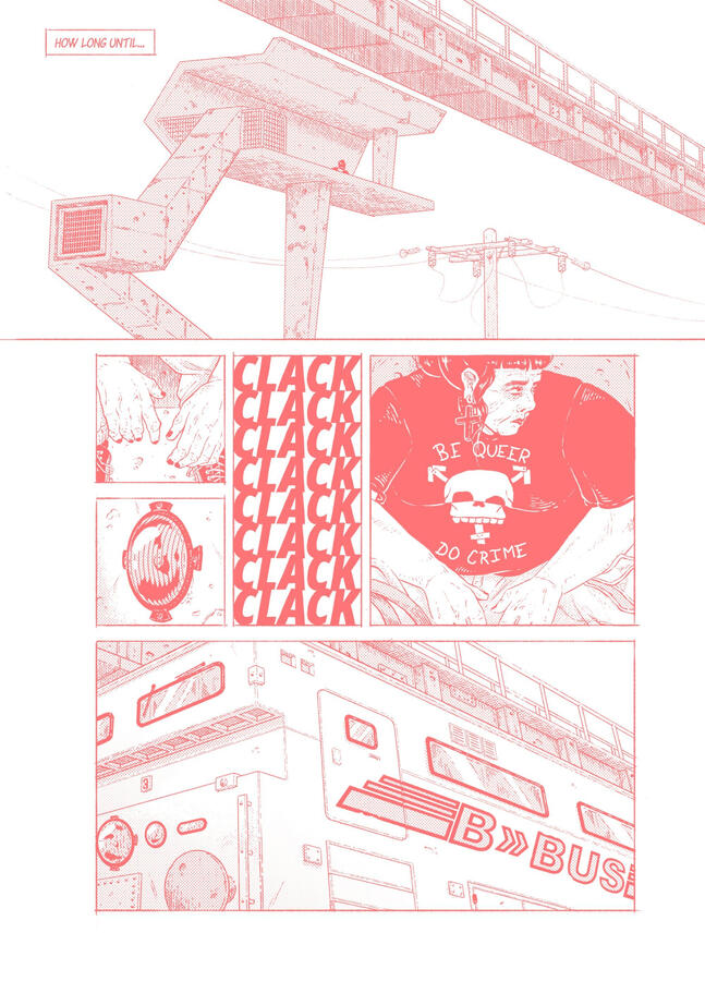 Comic page, done in red ink, of an old goth lady waiting for a monorail in a brutalist elevated station. The monorail arrives at the last panel.