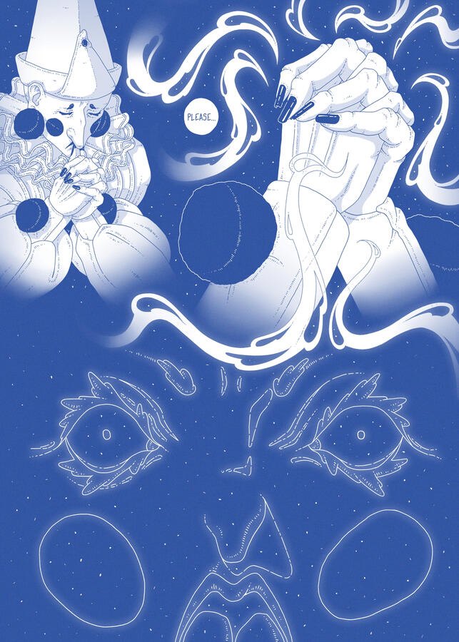 Comic page, done in blue, it shows Pierrot praying and saying: "Please..." Then, something happens...