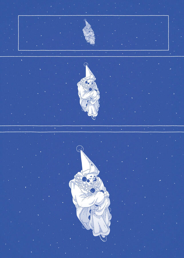 Comic page, done in blue, it shows Pierrot floating in the night sky.
