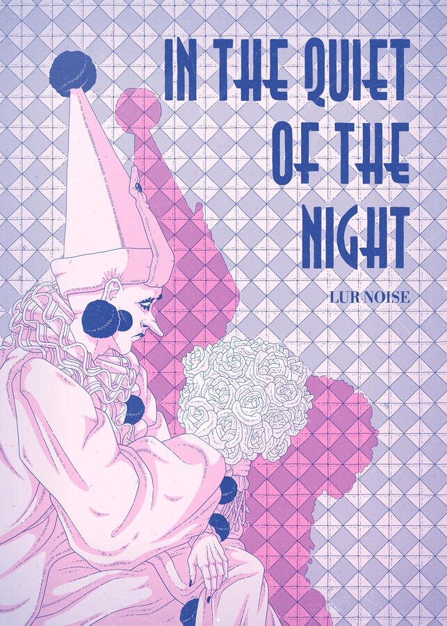 Cover illustration, done in pink and blue. It shows a sad pierrot holding a rose bouquet, sitting against a tile wall.