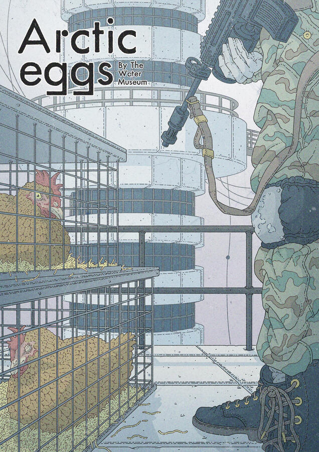 Color illustration of a soldier guarding two chickens in cages on top of a brutalist structure.