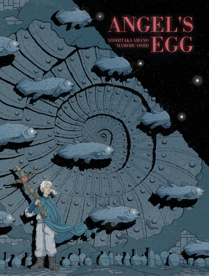 Color poster of Angel&#39;s Egg, showing one of the main characters of the film (the man) standing agains a wall with a giant ammonite fossil on it. On the base of the wall, lots of water vases can be seen. Coelacanths are flying, filling the scene.