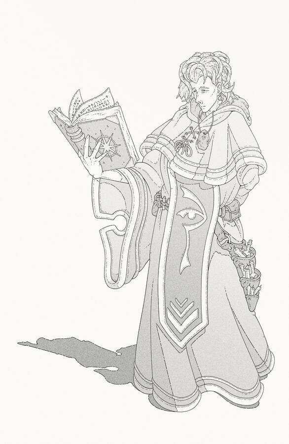 Greyscale illustration of a young man in cleric robes reading a book. The robes have Ioun&#39;s symbol on them, and the book has Mystra&#39;s one.