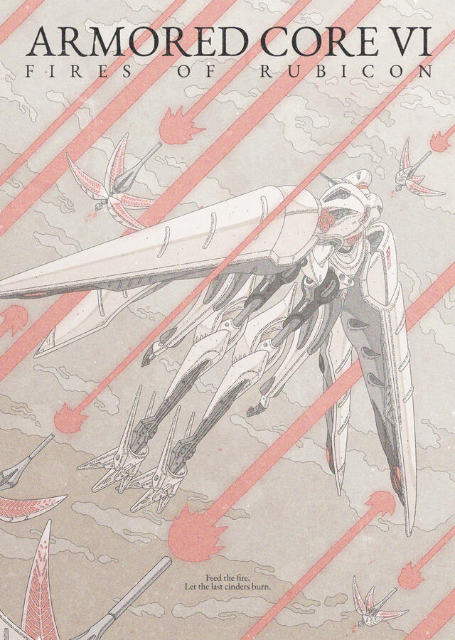 Color illustration of IB-01: CEL 240, from Armored Core VI, flying surrounded by the coral-red lasers of its orbital weapons and propulsors. The name of the game can be seen on the top part of the image, and the &quot;Feed the fire...&quot; slogan is at the bottom.
