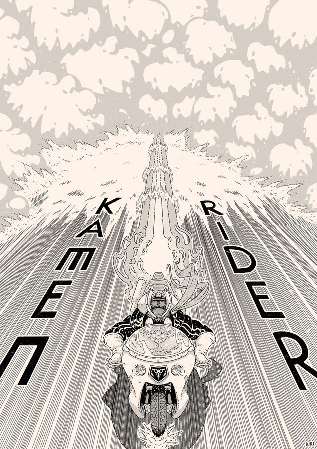 Black and white drawing of Kamen Rider on his motorbike running from an explosion. His name is drawn in the same perspective as the speedlines on the road.