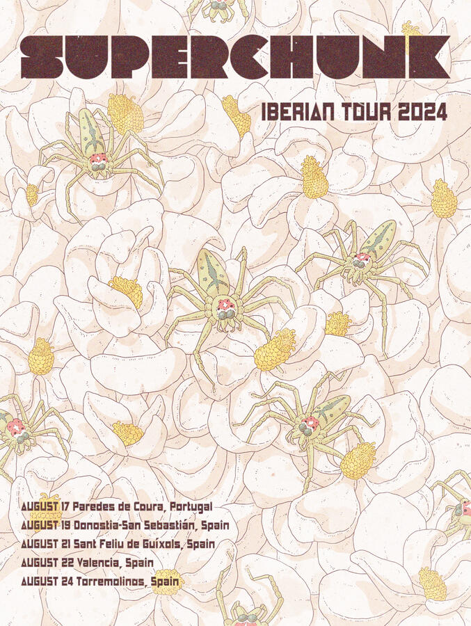 Superchunk poster showing magnolia green jumping spiders atop a bed of southern magnolias. The text says "Superchunk, Iberian tour 2024" plus the places and dates they are playing at.