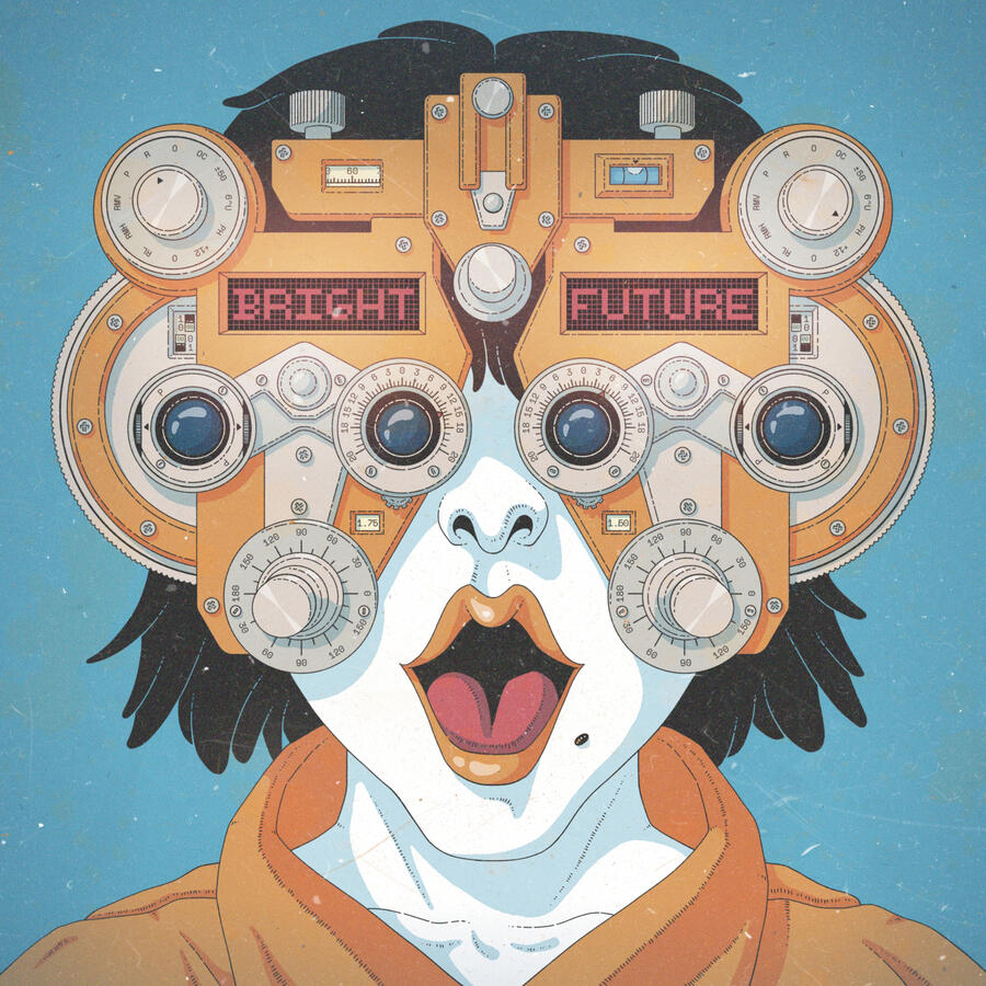 Color illustration, in orange and blue colors, of a young person wearing a phoropter. The phoropter has two screens which say &quot;BRIGHT FUTURE&quot;. Their face has a surprised, happy expression.