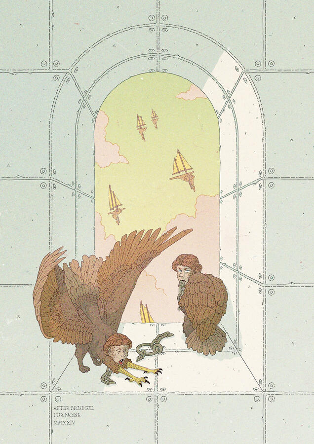 Sci-fi-esque illustration, versioning Bruegel&#39;s &quot;Two Monkeys&quot;. It substitutes the monkeys for sphinxes, changes the walls to brutalist ones, and the ships for flying ones.