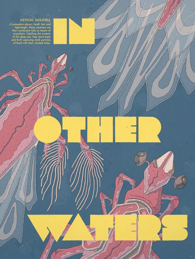 In Other Waters fanart. It&#39;s a color illustration of three crustacean like creatures done in red tones against a dark blue sea. The title of the game is written on big yellow letters along a description of the animal: the Abyssal sailshell.