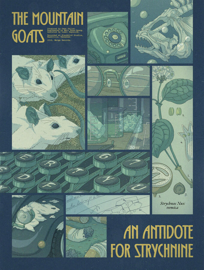 Poster style color illustration based on The Mountain Goats&#39; An Antidote for Strychnine song, composed of several panels displaying different images based on the song: lab rats, chemicals, fish bones... Green and blue tones predominate, and the text is yel