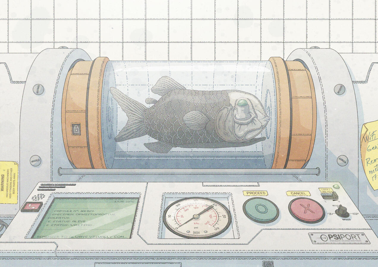 Illustration of a barreleye fish inside a cylindrical container of a pneumatic tube system. There&#39;s a control panel in front of it.