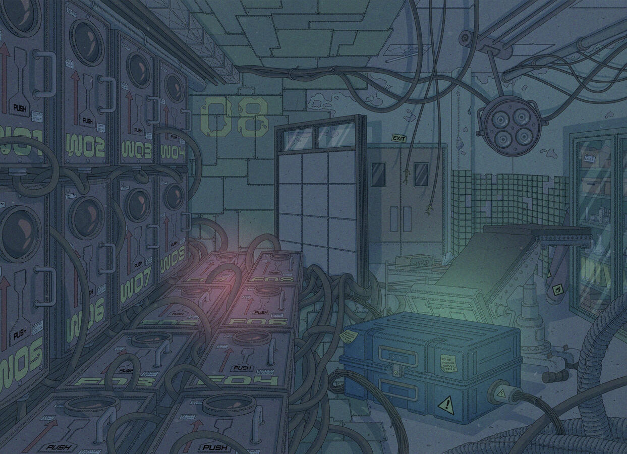 A dark room on a spaceship. formed by conjoining two smaller rooms. The left one contains several cryogenic pods, and the right one seems an old surgery room. Two lights, one green and one red, shine among all the mess. Untitled