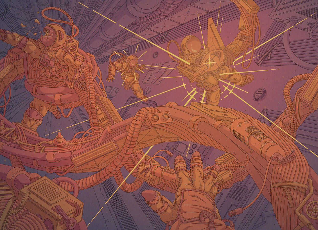 Color illustration of some astronauts being devoured by an enormous biomechanical snake-like monster. They are on an industrial-looking corridor, and the eyes of the creature fill the scene in warm hues.