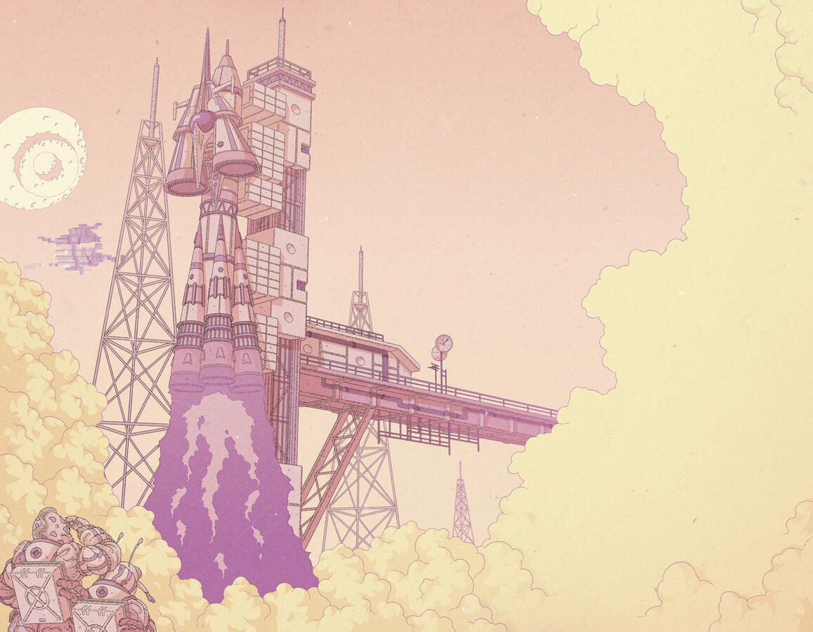 Color illustration, in pastel pinks and oranges and yellows, of two aliens in space suits watching a rocket launch.