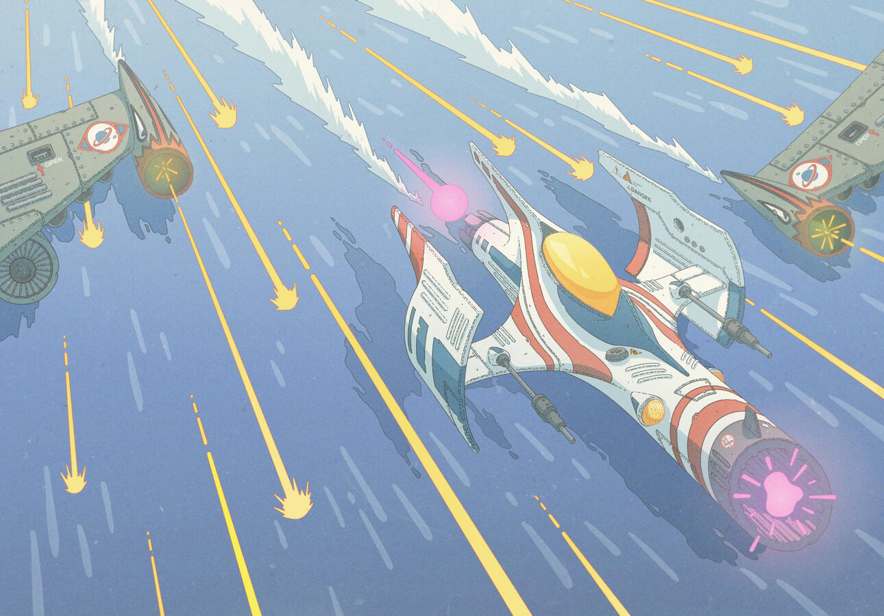 Color illustration. A sleek white, blue and red hero-ship charges its shot while evading enemy fire, flying just above the surface of the sea. It's being flanked by two enemy ships.