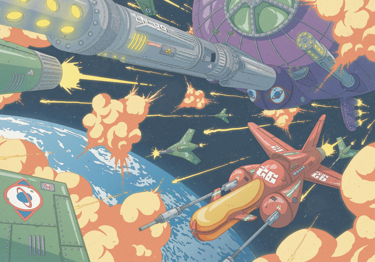 Color illustration, showing a space battle between a hero-ship and different enemy-ships. Explosions fill the scene, and a big blue planet can be seen in the background.