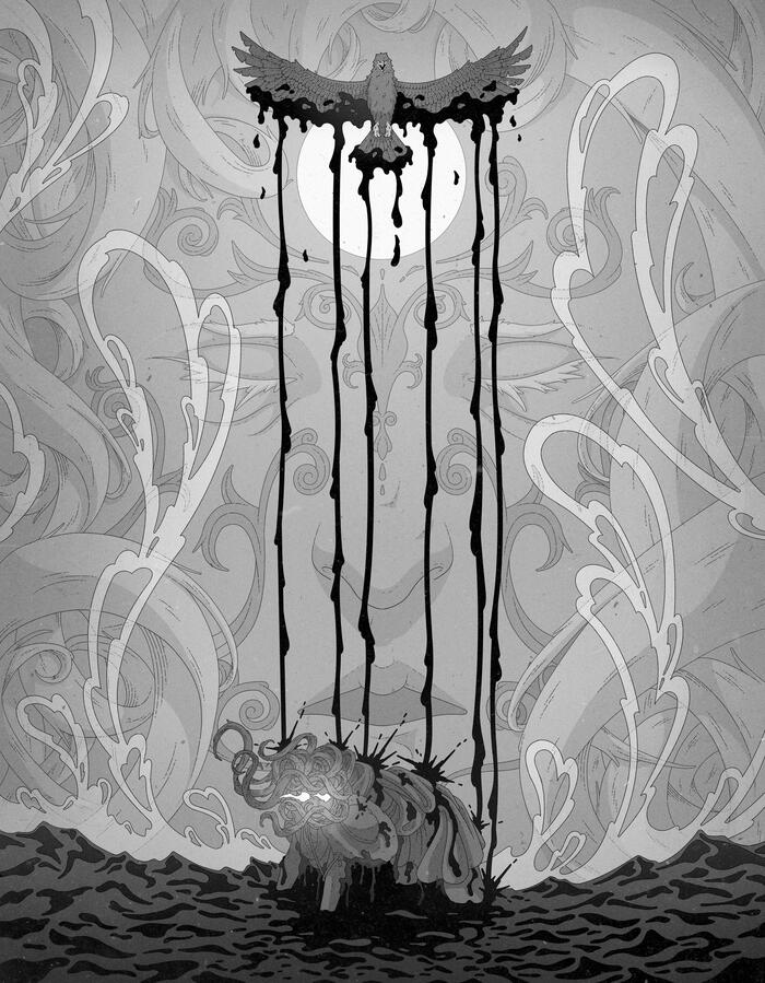 Greyscale illustration of a woman, eyes glowing, being bathed in blood by an eagle flying over head. The head of a goddess fills the space behind her.