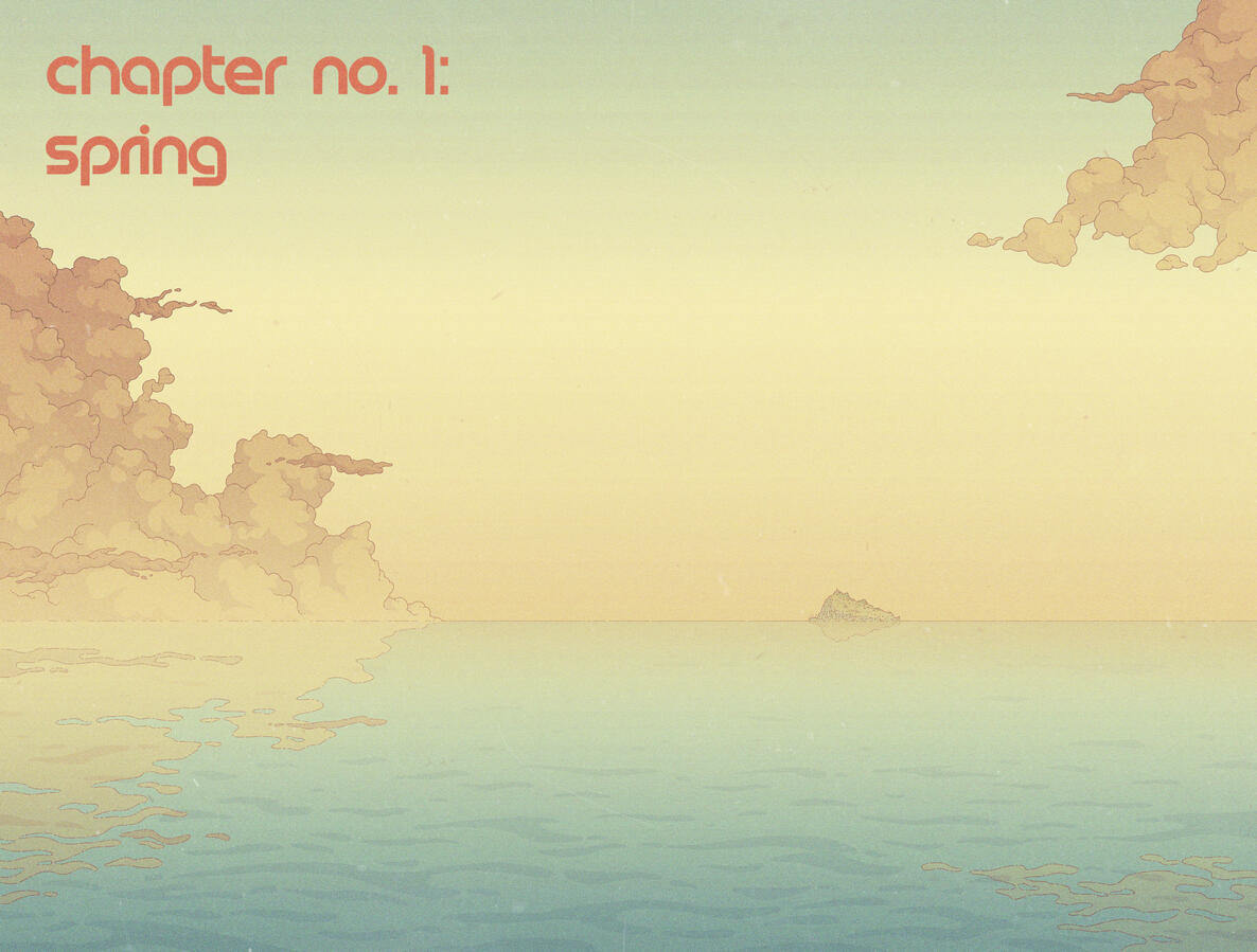 Comic page, showing an island at the distance, the sun rising.