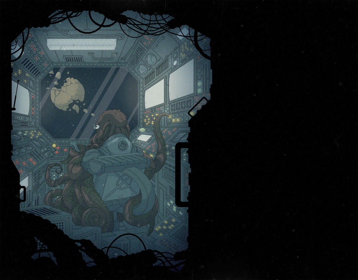Color illustration of an octopus-looking alien creature operating an extremely complicated control panel room. A broken planet can be seen outside through the ship&#39;s window.