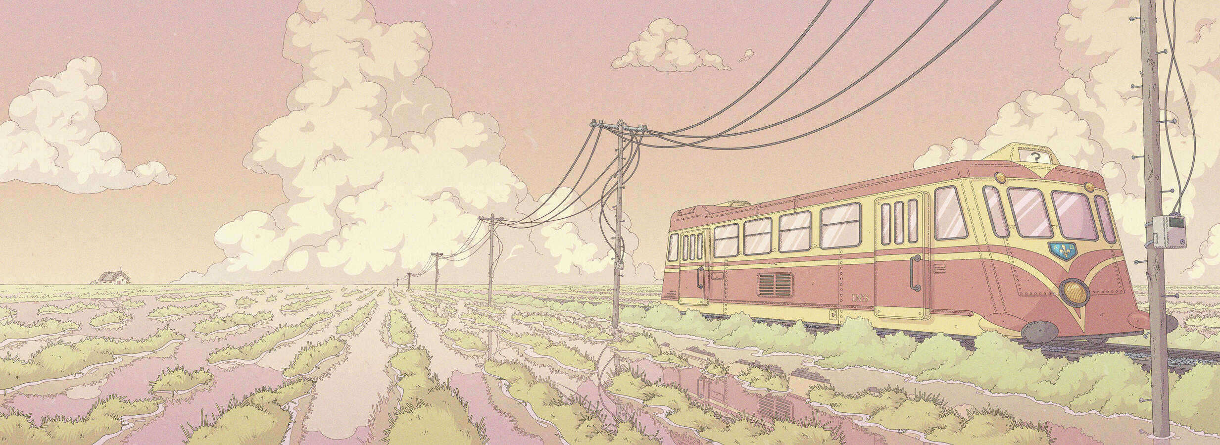 Color illustration of an old train riding over a rice-field at sunrise. Color illustration of an old train riding over a rice-field at sunrise.