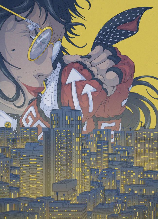 Color illustration of an office working woman, with her fighting-glove-fitted fist raised and ready to fight. We see her from above the neck, and the bottom half of the image is filled by a view of a city. Color illustration of an office working woman, with her fighting-glove-fitted fist raised and ready to fight. We see her from above the neck, and the bottom half of the image is filled by a view of a city.