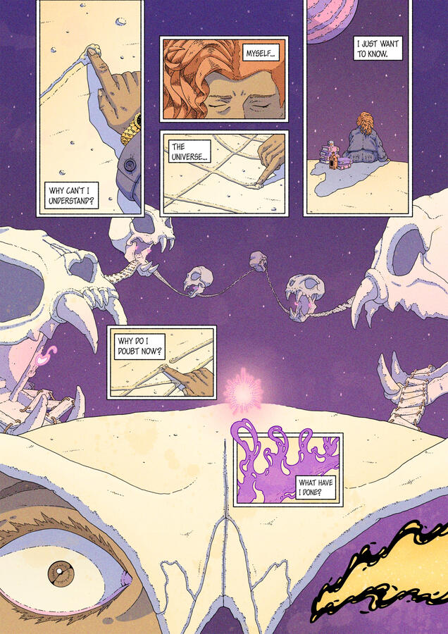 Comic page, in color, which shows a woman sitting in a cat skull shaped structure floating in space. Haunted by doubts and existential dread, she invokes a daemon.
