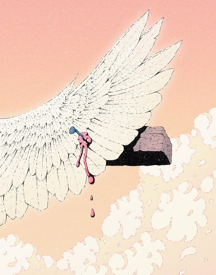 Color illustration of an angel wing, crufied. Blood flows from where the nail has pierced the wing, and the background is a sunset sky with a puffy cloud in the bottom half. Color illustration of an angel wing, crufied. Blood flows from where the nail has pierced the wing, and the background is a sunset sky with a puffy cloud in the bottom half.