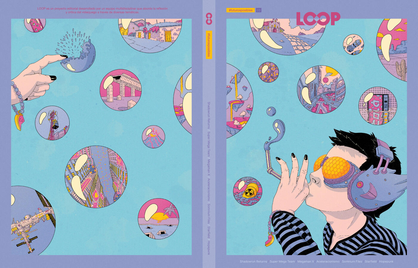 Cover for Loop: possible futures. Front and back cover of a magazine. On it, a child is seen blowing soap bubbles, each one containing a different future. These bubbles float towards the back cover, at the end of which another child's hand is bursting these different futures.