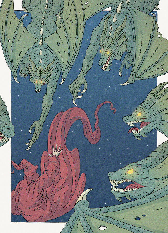 Color illustration about Geneforge, showing the shaper&#39;s creations taking revenge on them.