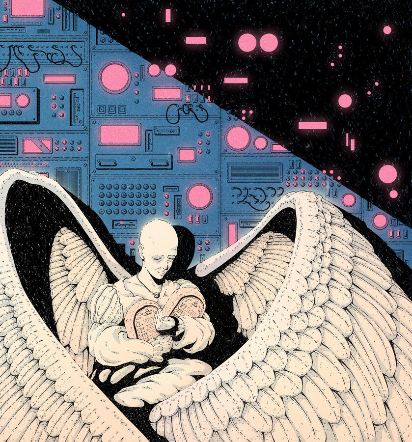 Color illustration of an angel holding two slabs of rock with words engraved on them, similar to the Ten Commandments ones. They are surrounding them with their wings, while sitting against a wall full of computers.