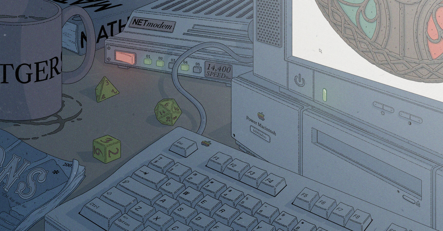 Color illustration of how I imagine Geneforge's creator's, Jeff Vogel's, desktop would look like. A Macintosh PC, an old router, a D&D manual... and a computer screen with the game's logo on it can be seen.