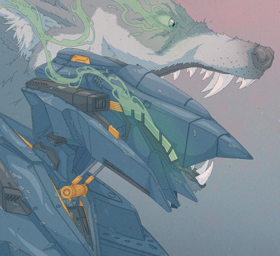 Armored Core VI color illustration of the torso of Rusty's first mech and a wolf growling behind it. Their eyes both glow green, and the trail they leave is conjoined in one.