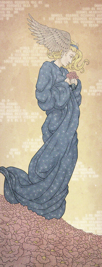 Illustration of the god Hypnos standing on a poppy field.