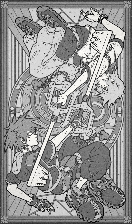 Black and white illustration depicting a stained glass with Sora and Riku from Kingdom Hearts on it.