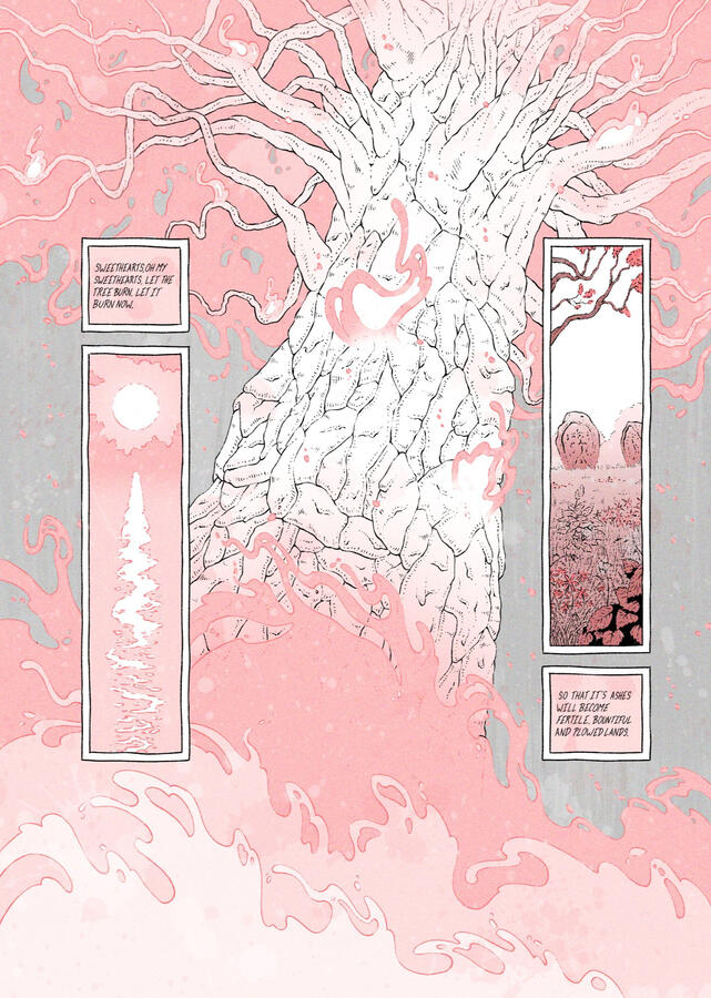 Comic page, in red and black tones. It shows a sunset, a big burning tree and tombs in a field. The text says: "Sweethearts, oh, beloved sweethearts ,let the tree burn, let it burn now. So that it's ashes will become fertile, bountiful and plowed lands"