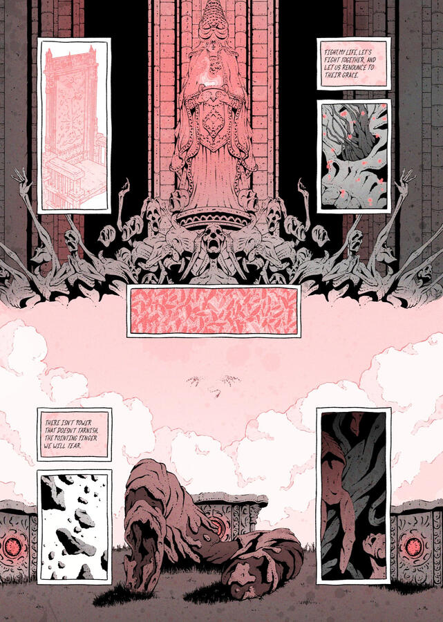 Comic page, in red and black. It shows ruins, dead bodies, a big hand with two fingers... The text says: "Fight, my life, let's fight together, and let us renounce to their grace. There isn't power which doesn't tarnish, the pointing finger we will tear.