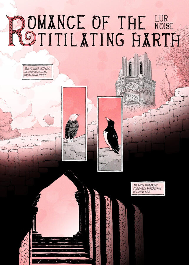 Comic page, in red and black tones. It shows a castle in a field, birds and the interior of a towet. The text says: &quot;Sing, my love, let&#39;s sing together, on this last daybreaking sunset. The earth, shimmering golden ruin bathed by rays of a dying star.&quot;