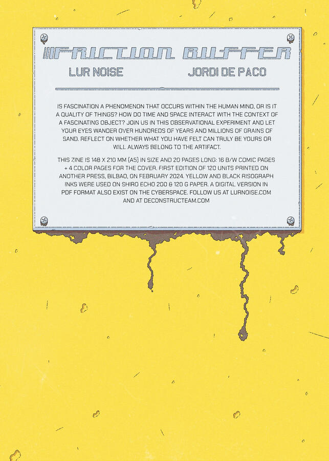 Cover of the comic Friction Buffer. It shows a grey metallic plaque atop a yellow metallic surface. On the plaque, the title, credits, synopsis and technical data about the zine can be seen.