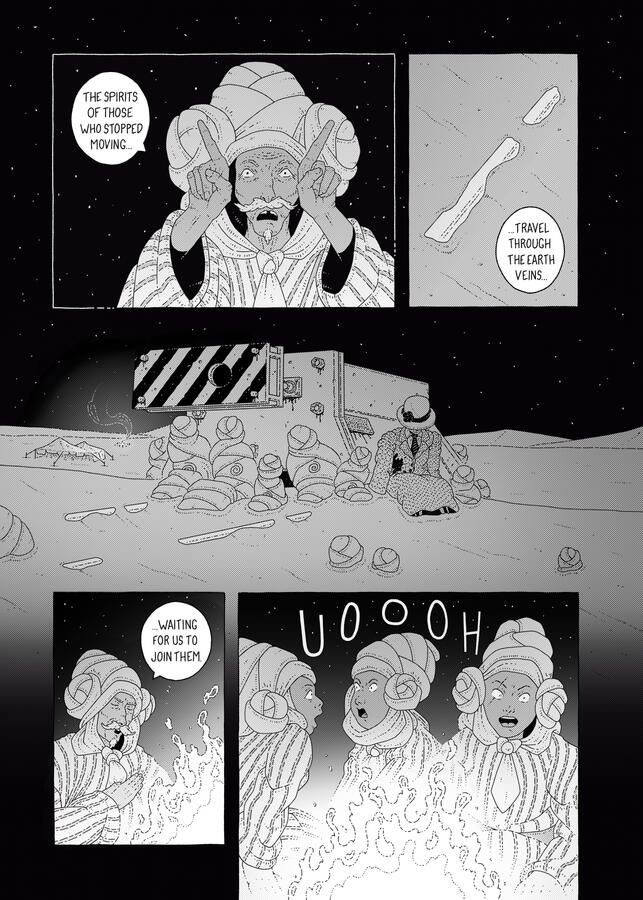 Black and white comic page, showing an elder of a nomad group telling stories about a friction buffer, which lays in the middle of the desert, to a group of children. The group has set camp arount it.