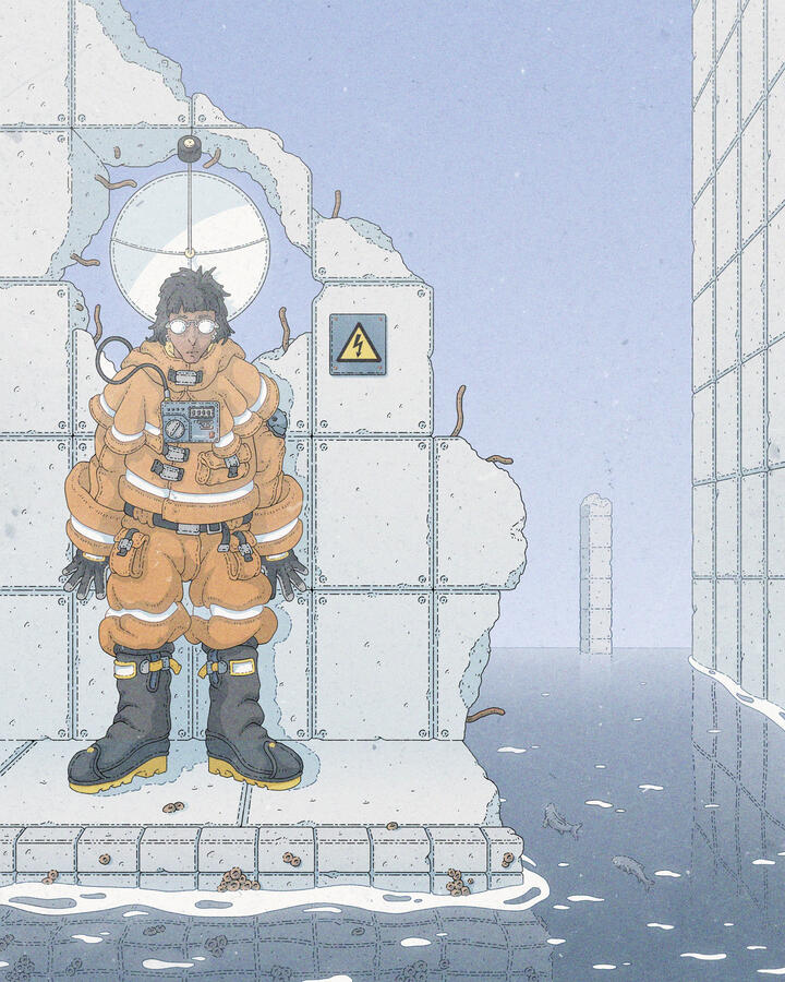 Color illustration of a woman in a orange, sci-fi looking seafaring suit. She is standing on some brutalist ruins, nearly swallowed by the ocean. From the back of her suit a parabolic antenna protudes, framing her head as an halo.