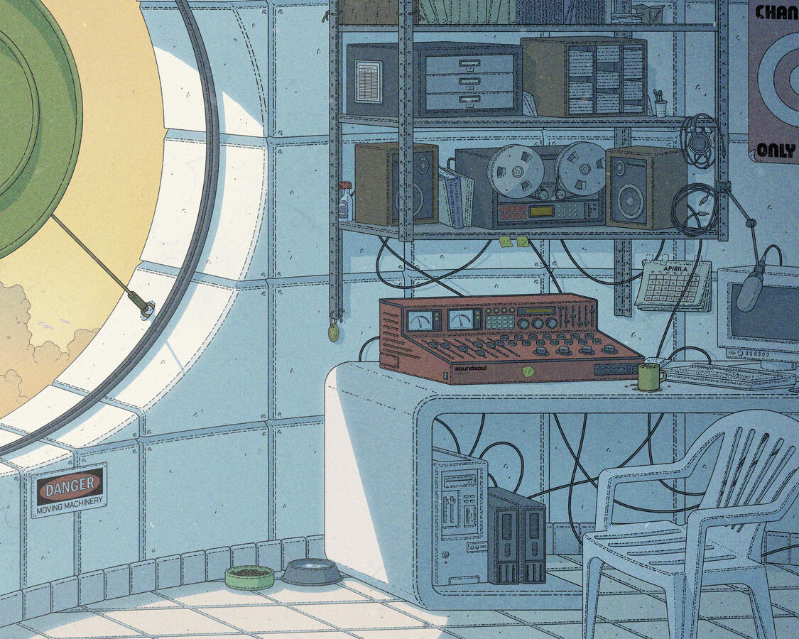 Color illustration of the interior of a brutalist tower, light leaks through a big circular opening on the wall with a golden disc on its center. What it seems the working place of a radio operator can be seen inside.